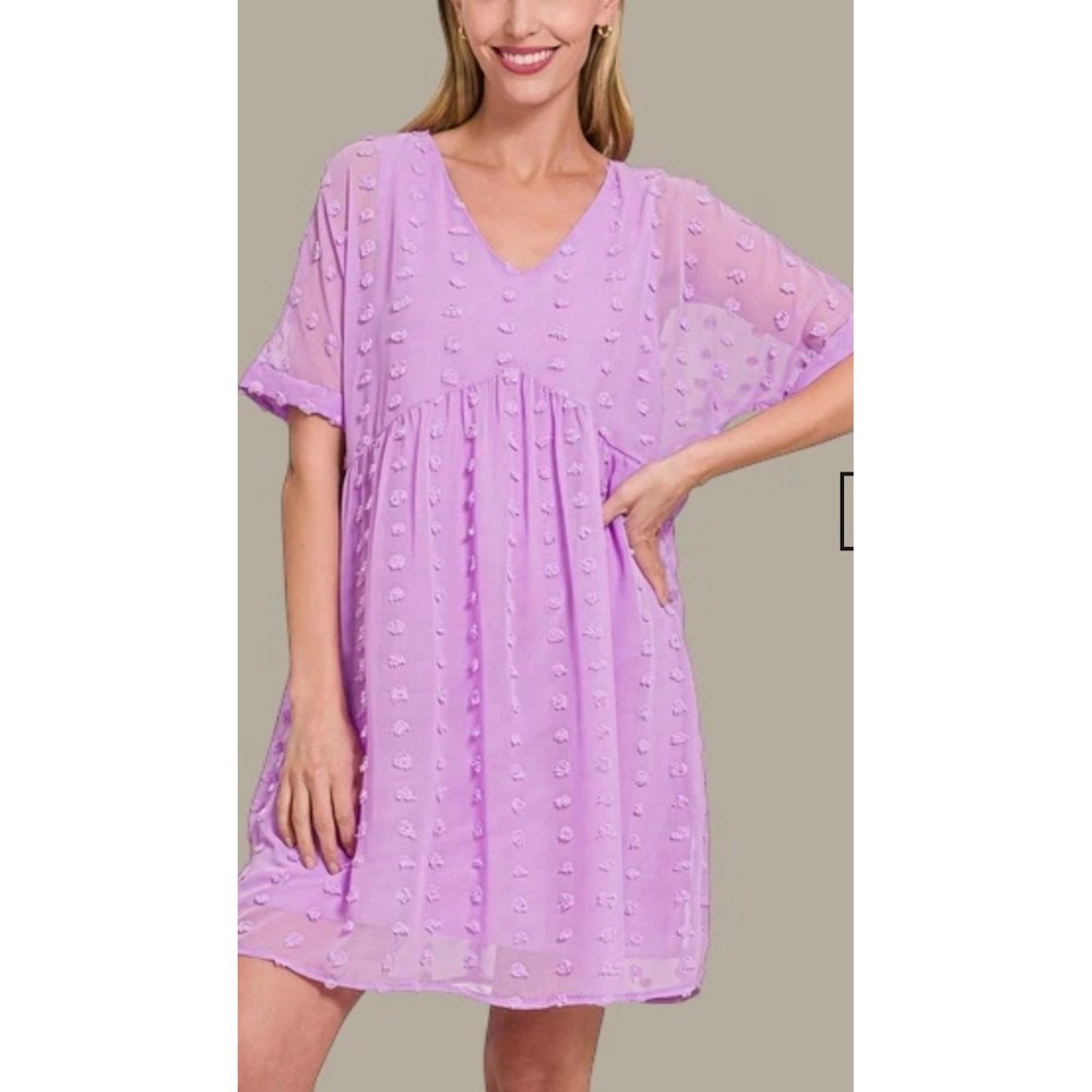 Zenana Lavender Purple Swiss Dot Babydoll Dress V-Neck Mini Size Small NWOT